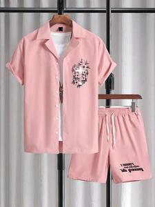 Two-piece Set Men's Letter & Cross Print Short Sleeve Shirt & Shorts, Regular Fit Casual Fashion Cozy Breathable for Summer, Men Clothes Set for Daily Wear, Loungewear, Shortsleeve Pajama Set