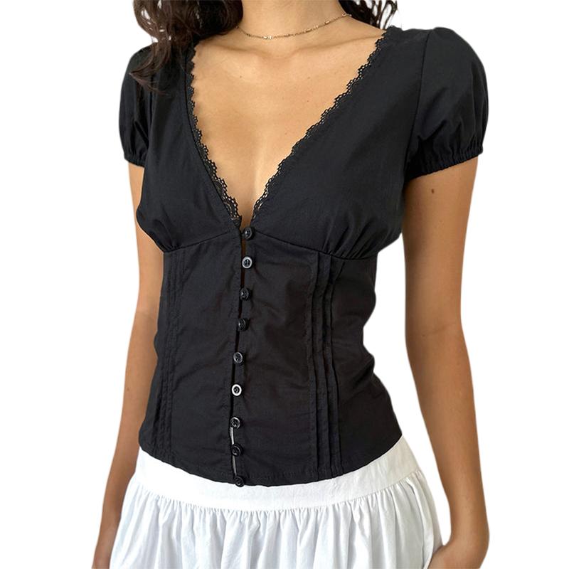 Women's Summer Solid Color Casual Shirt Short Sleeve Deep V Neck Lace Trim Buton Up Party Sweet Crop Tops Womenswear Blouse 6