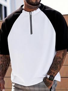 Men's Top Stitching Half Zip Mock Neck Tee, Loose Casual Short Sleeve T-shirt for Summer, Fashion Men's Clothes for Daily Wear