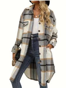 Plus Plaid Print Button Front Flap Pocket Midi Coat Without Cami, Casual Drop Shoulder Long Sleeve Outerwear For Spring & Fall, Women's Clothes For Daily Wear