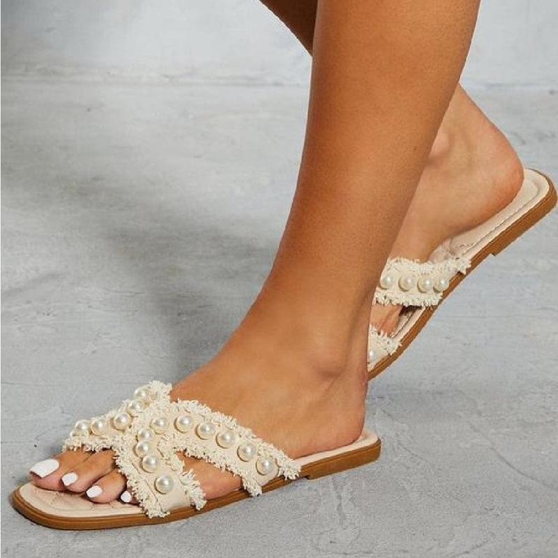 Women's Pearl Slider Mule Flat Sandals - Slip On Style, Size 3-8 7
