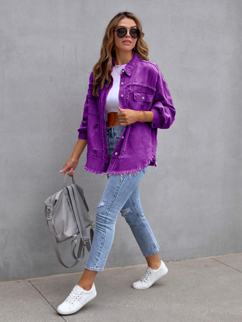 Product Introduction of 2025 New Denim Jacket Women's Solid Color Loose Jacket Ripped Long Sleeve Women's Denim Shirt Hot Selling 13