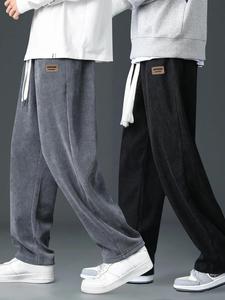 Men's Letter Patched Drawstring Waist Corduroy Pants, Casual Comfy Loose Straight Leg Trousers for Fall & Winter, Men's Bottoms for Daily Wear