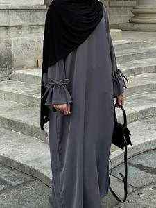 Women's Solid Color Bow Dress without Hijab, Modest Casual Long Sleeve Islamic Dress for Daily Wear, Ladies Clothes for All Seasons