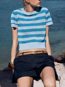 Women's Striped Print Sweater, Casual Short Sleeve Round Neck Knit Top for Summer, Fashion Women's Knitwear for Daily Wear