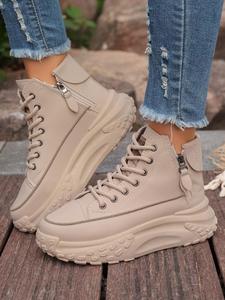 Women's Fashionable Solid Color Lace-up High Top Chunky Sneakers, Casual Comfortable Platform Sports Shoes, All-match Round Toe Shoes for Daily Wear Trainers