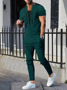 Men's Solid Waffle Knit Top & Pants Two-Piece Set, Regular Fit Casual Fashion Cozy Breathable Short Sleeve Tee & Trousers for Daily Outdoor Wear, Men's Clothing for Spring & Fall