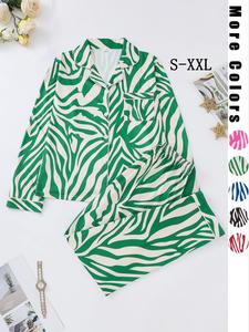 Women's Zebra Stripe Print Pocket Button Front Pajama Set, Casual Long Sleeve Lapel Blouse & Elastic Waist Pants, Lady Homewear for Spring & Fall