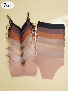 Women's Solid Color Scallop Trim Seamless Bra & Panty Set, Fashion Soft Comfy Breathable Backless Bra & Panty Set, Lingerie Set for Women