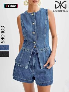 Women's Denim-Effect Print Button Fly Romper & Zipper Fly Denim Shorts Two-Piece Set, Casual Fashion Cozy Two-Piece for Daily Outdoor Wear, Ladies Clothes for All Seasons