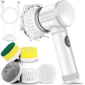 Electric Spin Scrubber, 1 Set Rechargeable Cordless Handheld Scrubber with 5 Replaceable Brush Head, Summer Household Home Cleaning Supplies with Replacement Parts