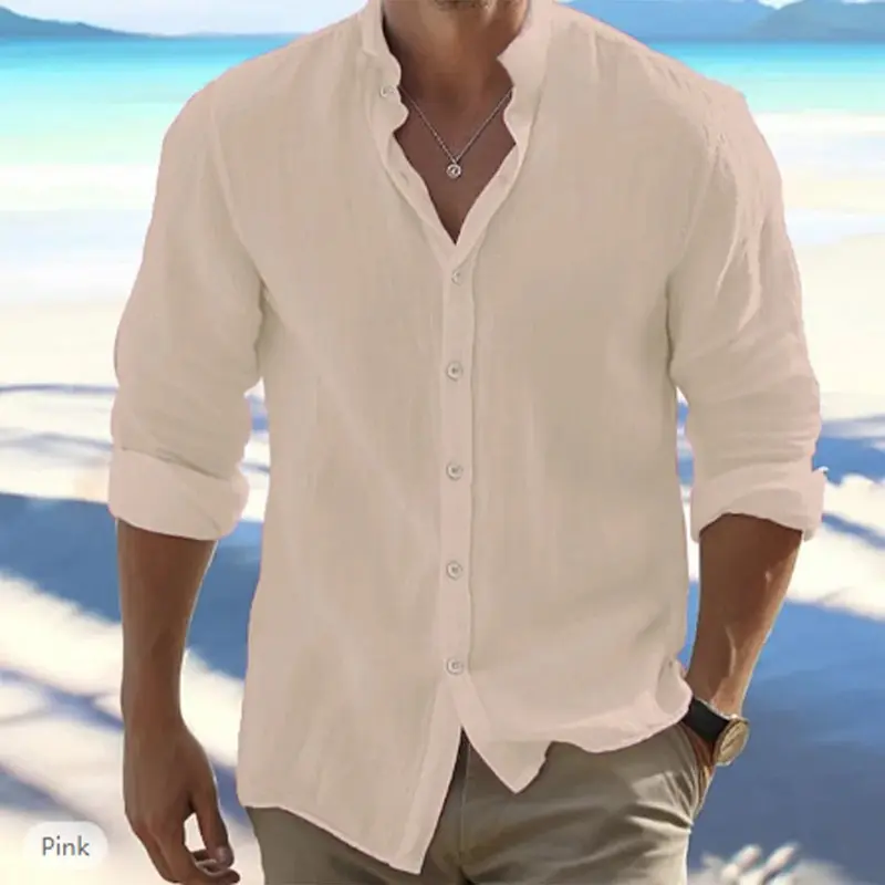 Cotton Linen Hot Sale Men's Long-Sleeved Shirts Summer Solid Color Stand-Up Collar Casual Beach Style Plus Size 0