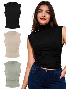 Women's Solid High Neck Tank Top, Casual Sleeveless Ruched Top for Spring & Fall, Women's Clothing for Daily Wear