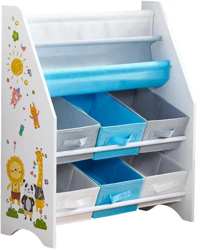 Kids Room Toys Organizer Unit, Toy Storage Unit with Storage Bins, also as Children Bookcase (6 Bins + 1 Shelf)