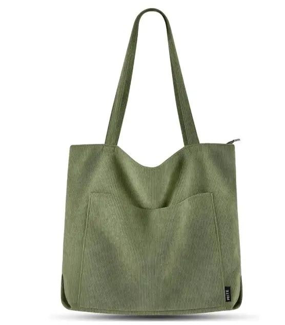 Prite Corduroy Tote Bag for Women Large Shoulder Bag with Zipper and Pockets for College School Work Travel Shopping 8