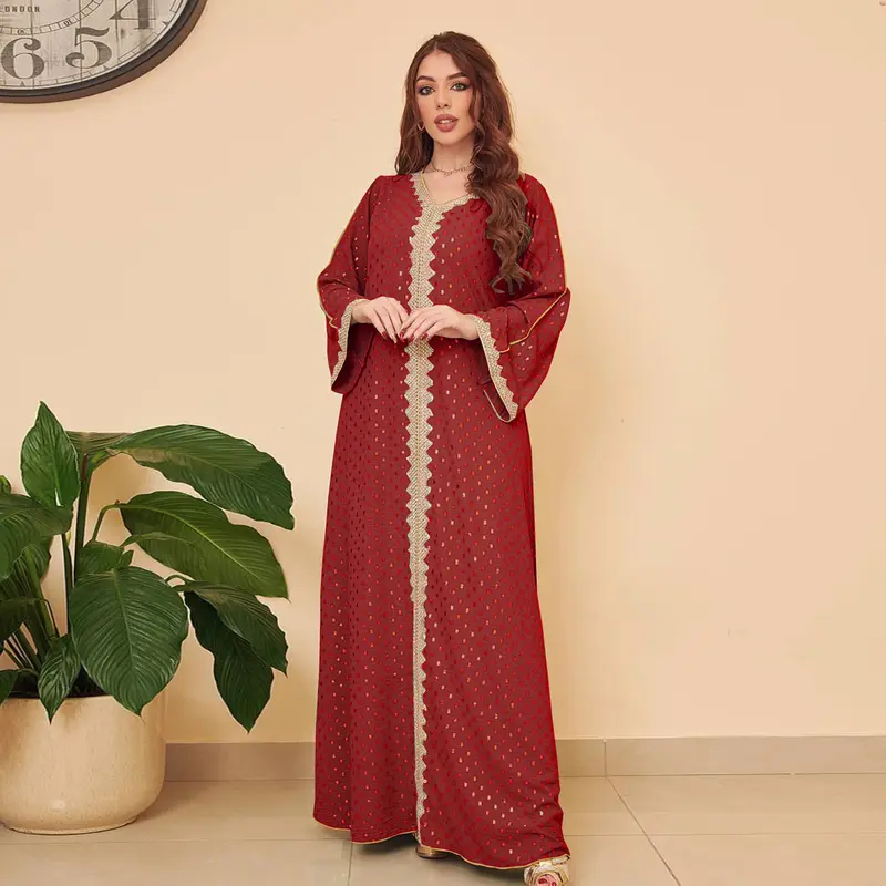 Muslim Abaya Gold Embossed Simple Lace Slim Fit Dubai Women's Dress 4