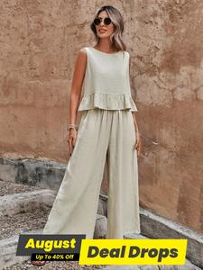 Yoga Outfit Set, Minimalist Fake Buttons Top & Pocket Trousers, Ladies Summer Clothes, Womenswear, Co-ord Sets for Women, Casual Outfits Women, Casual Loungewear Set, Matching Clothing Set, Sleeveless Summer Beach Set, Beige