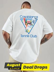 Men's Casablanca Tennis Club Graphic T-shirt, Loose Casual Short Sleeve T-shirt for Summer, Men's Top for Daily Wear, Tshirt, Streetwear