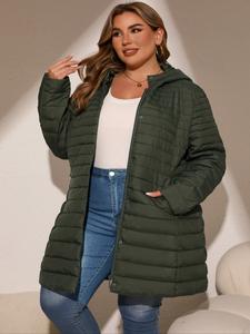 Women's Plus Size Fall Winter Long Cotton Jacket, Warm Hooded Coat with Pockets, Casual Fitted Outerwear, Elegant Commuter Style