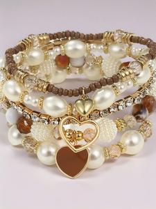 Women's Boho Style Rhinestone & Faux Pearl Decor Heart Charm Bracelets, Trendy Vintage Matching Bracelets, High Quality Bracelet, Chic All-match Trendy Jewellery Accessories As Summer Gift for Girlfriend, Stackable Bracelets, Boho Style Jewelry