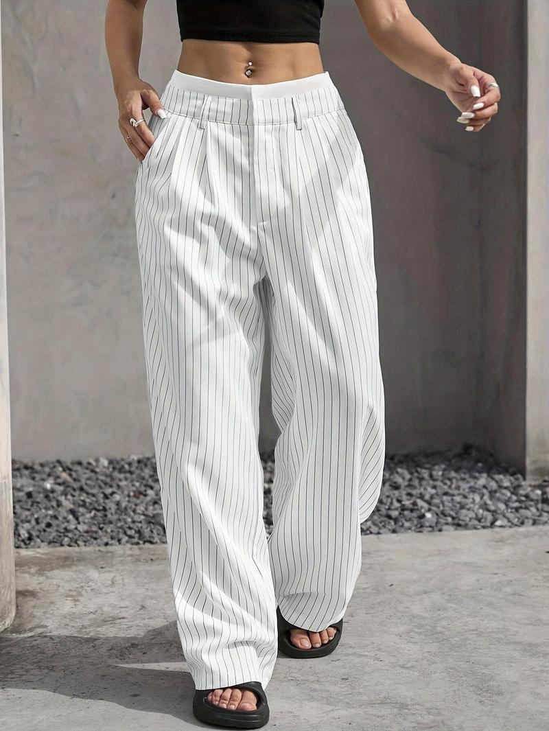 Product Introduction of Women's High-Waist Striped Wide-Leg Blazer Pants - Navy Blue & White Vertical Stripes, Polyester, Casual Style, Machine Washable, Spring/Summer/Fall Wear, Versatile Legwear | Wideleg Design | Glossy Texture, Wide Leg Pants 14