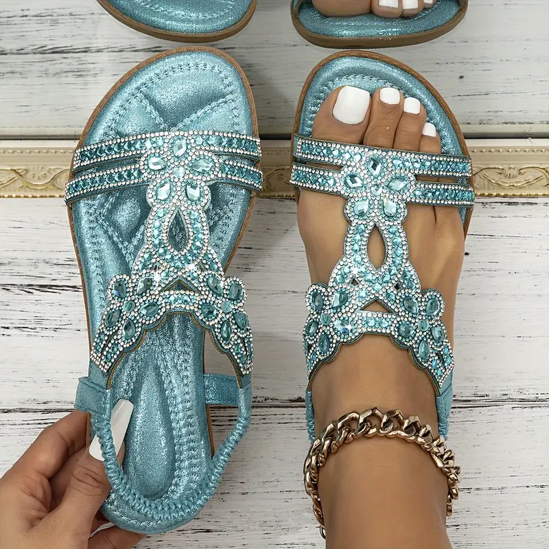 Women's Floral Rhinestone Flat Sandals, Bohemian Open Toe Slip-On Shoes, Casual Summer Beach Slides Footwear Girl 8