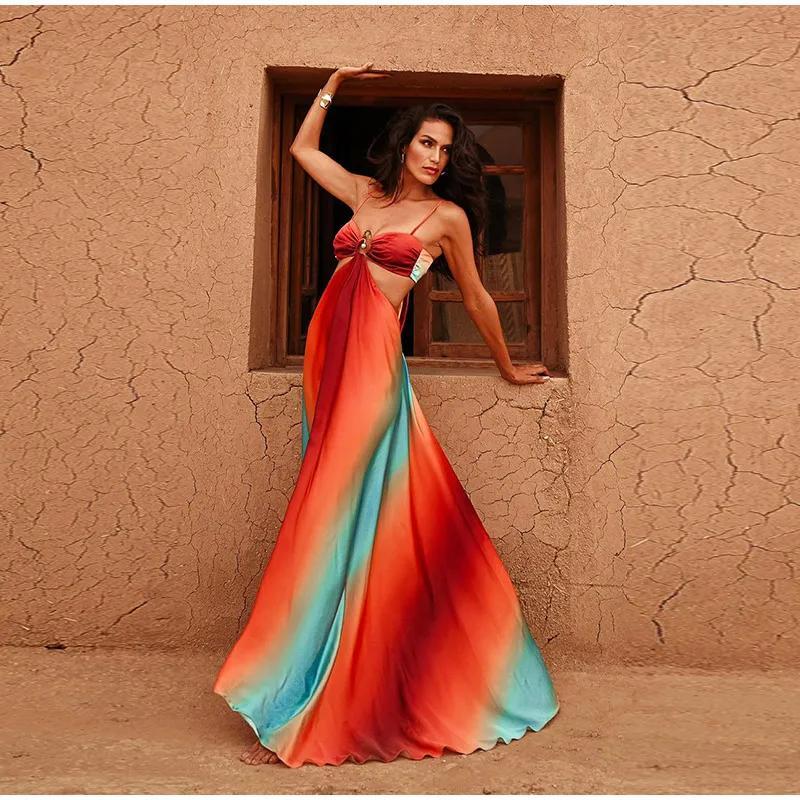 Product Introduction of Sexy Summer Holiday Printed Strapless Hollow Out Dress Women Fashion Contrast Color Backless Robes 2025 Beach Party Vestidos Formal Womenswear Comfort Sleeveless Minimalist 17