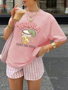 Women's Letter & Margarita Print Round Neck Tee, Casual Short Sleeve T-shirt for Summer, Ladies Sleepwear for Daily Wear, Top, Tshirt