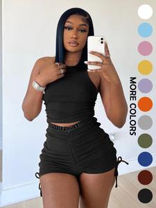 Women's Solid Color Zipper Ruched Shorts Two-piece Set, Casual Round Neck Crop Tank Top & High Waist Drawstring Side Shorts Set, Ladies Summer Clothes, Womenswear