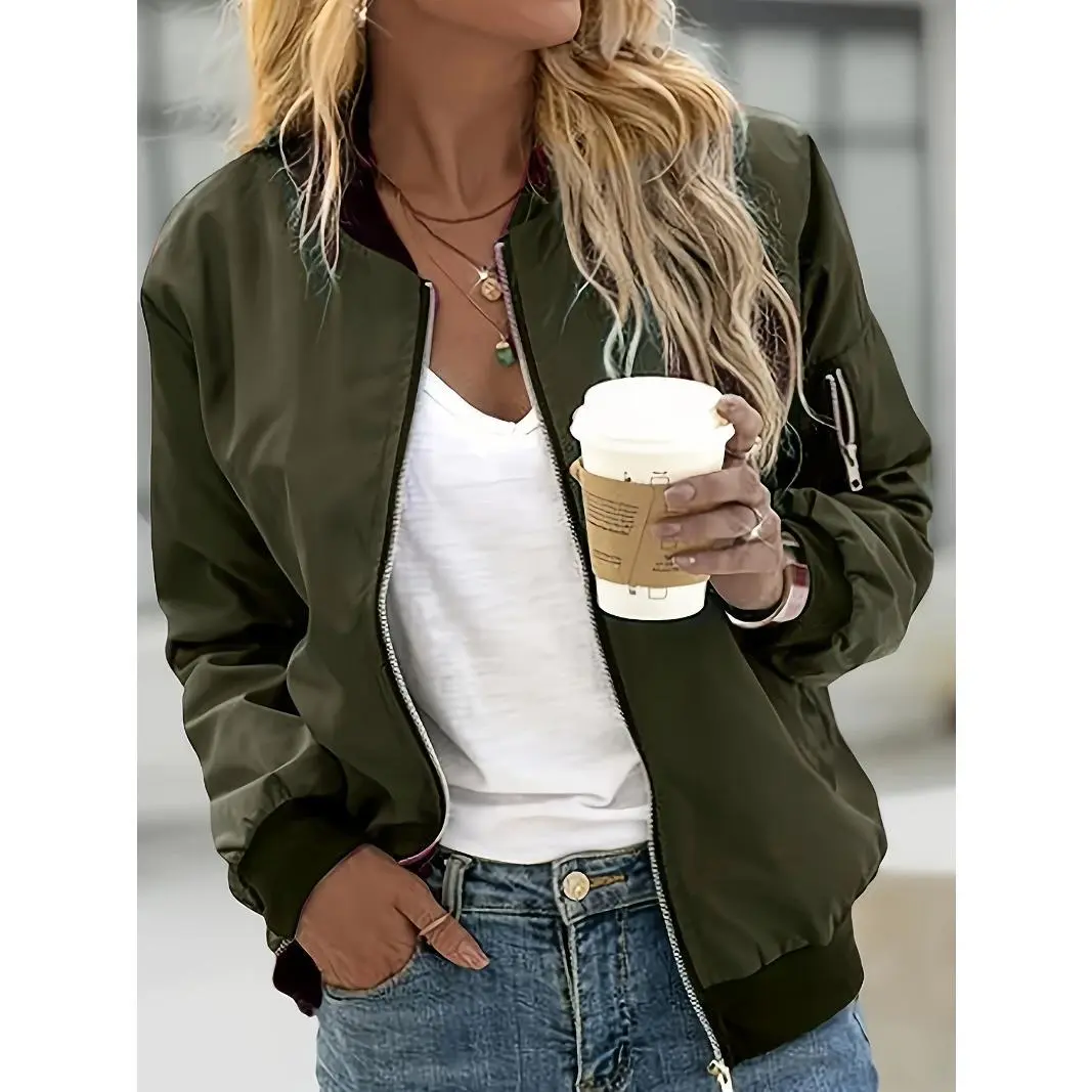 Women's Casual Zip-Up Jacket with Pockets - Chic Olive Green Bomber Style, Polyester & Spandex Blend, Machine Washable, All-Season Comfort, Stylish Layering Piece|Bomber Jacket|Sleek Olive Green, Jacket Zip Up