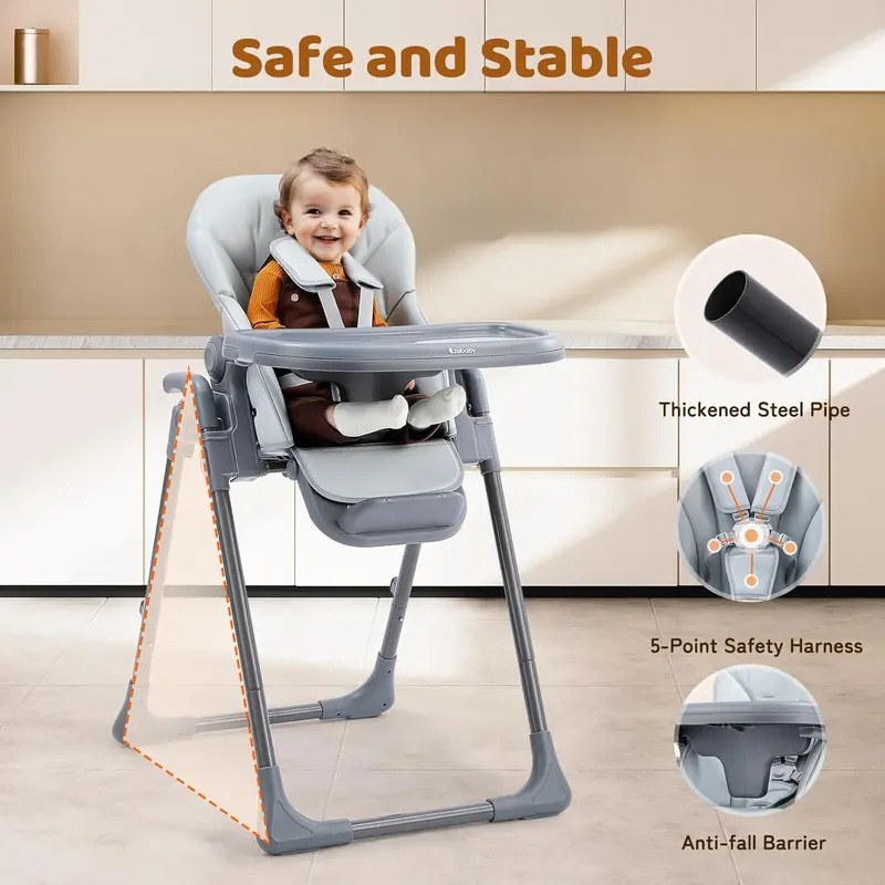 Baby Highchair, Foldable and Adjustable Baby Chair, 6 Height Settings, 4 Recline Positions, 3 Tray Positions, Adjust Footrest, Portable High Chair for Baby and Toddler (Grey) 2