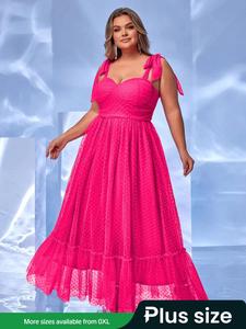 【 Plus Size】tie Shoulder Mesh Overlay Party Dress, Elegant Formal Comfortable Long Dress for Birthday Party Prom Wedding Guest, Women's Summer Clothes, Womenswear