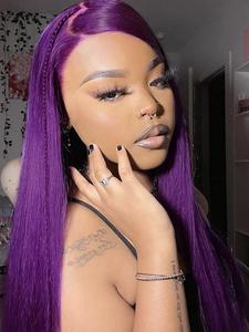 28 Inch Purple Long Straight Wigs for Women, Gorgeous Fluffy Synthetic Wigs without Bangs for Party, Striking Natural Fluffy Hair Wigs