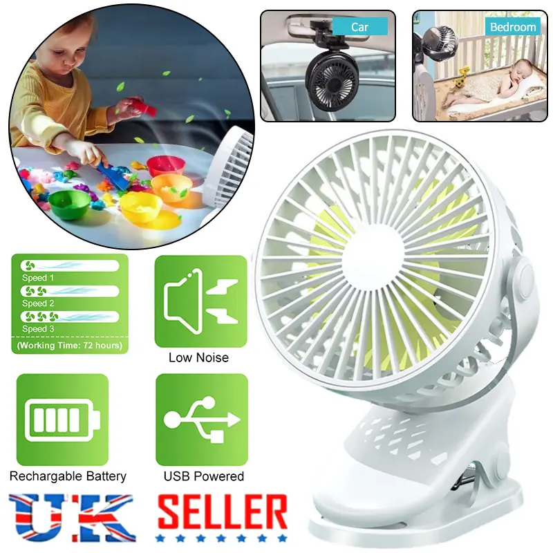 UK Clip On Fan 3 Speed USB Rechargeable Mini Cooling Desk Baby Stroller Portable white fan clip  fan cooling  fan smart  fan fan  air  cooler 3