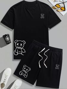 Two-Piece Set Men's Bear Print Short Sleeve Tee & Shorts Set, Regular Fit Casual Round Neck T-shirt & Shorts, Men's Summer Clothes