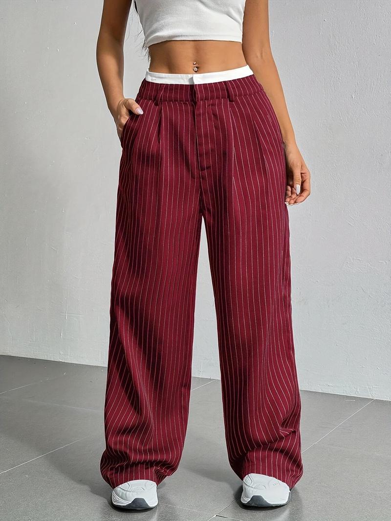 Product Introduction of Women's High-Waist Striped Wide-Leg Blazer Pants - Navy Blue & White Vertical Stripes, Polyester, Casual Style, Machine Washable, Spring/Summer/Fall Wear, Versatile Legwear | Wideleg Design | Glossy Texture, Wide Leg Pants 19