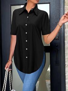 Women's Plain Curved Hem Button Shirt Blouse, Casual Short Sleeve Top for Summer, Ladies Clothes for Daily Wear