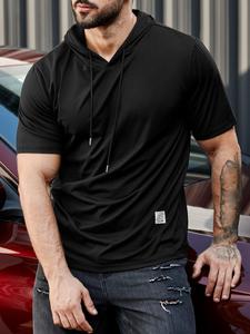 Men's Plus Size Letter Patched Drawstring Hooded Tee, Summer Clothes, Casual Short Sleeve T-shirt for Summer, Men's Plus Clothing Top for Daily Wear