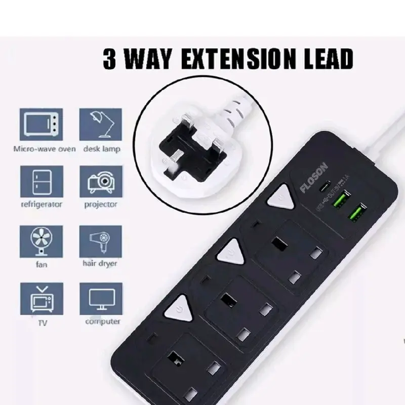 5M Extension Lead with 2 USB Cable Electric Plug Socket UK Mains 3 Gang Way UK 0