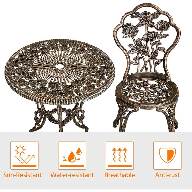 3-Piece Patio Bistro Set, Outdoor AluminumTable and Chairs, Garden Dinging Furniture, Rose Design for Balcony, Porch, Lawn, Pool, Bronze 3