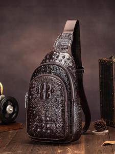 Men's Vintage Crocodile Embossed Zipper Belt Bag, Casual Trendy Chest Bag, Fashionable High-quality Cowhide Sling Bag for Daily Use