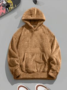 Men's Solid Pocket Thermal Lined Hoodie, Loose Casual Long Sleeve Hooded Pullover for Fall & Winter, Men's Clothes for Daily Wear