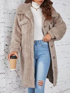 Women's Plain Textured Button Front Pocket Fuzzy Coat Without Sweater & Necklace, Casual Bishop Sleeve Collared Plush Outerwear For Fall & Winter, Women's Clothing For Daily Wear