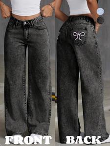 Women's Embroidering Design Pocket Button Fly Denim Pants, Casual Fashion Comfy Trousers for Daily Wear, Ladies Bottoms for All Seasons, Love Handles Low Waist Jeans