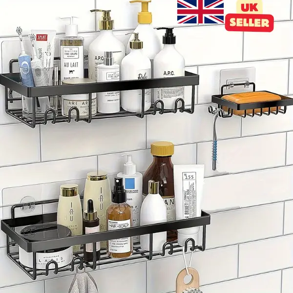 3 Piece Bathroom Storage Rack Set, Wall-Mounted Adhesive Shower Shelves, No-Drill Design, Adhesive Shower Rack with Soap Razor Holder, Multipurpose Organizer for Bathroom, Kitchen, and Bedroom Accessories