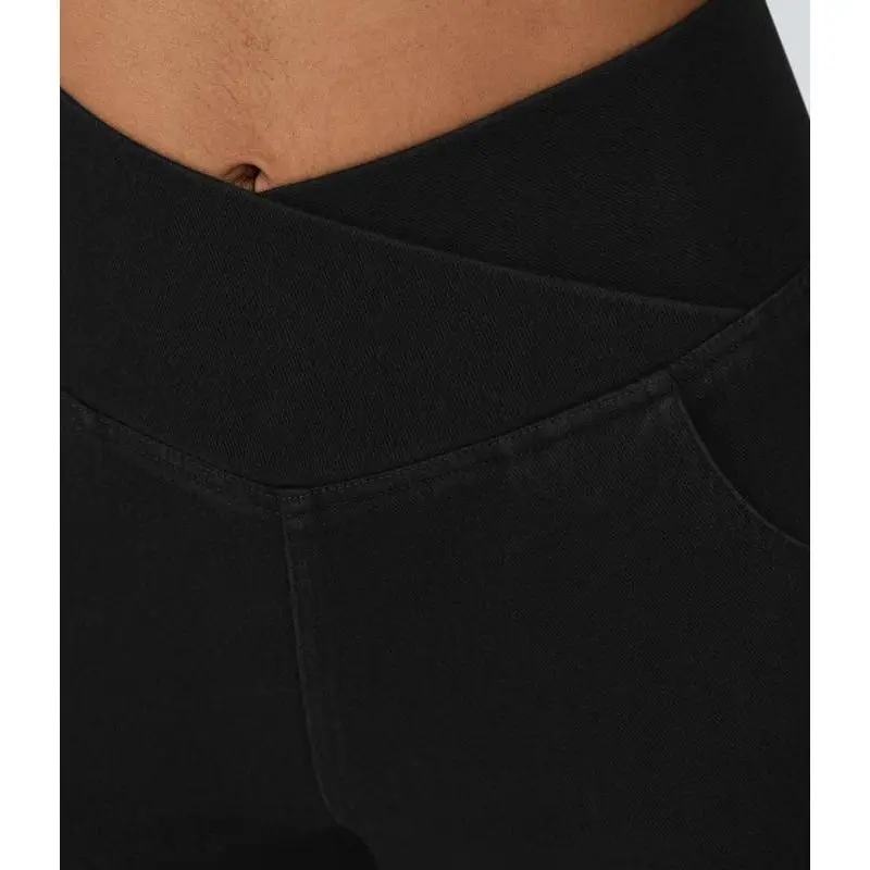 Women's Fl Black Denim ex High Waisted Crossover Super Flare Knit Jeans, Stretchy & Comfy Bottoms, Summer 2025, Plus Size ， Denim Basic Womenswear, Minimalist, Spring Sale Pants Trouser barrel  jeans  curvy high  rise  jeans jeans  Comfort Flared Denim 4