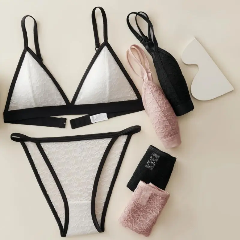 Women Lace Bra And Panties Set Wireless Bralette Low Waist Panties Female Transparent Sexy Lingerie Seamless Underwear Set 3