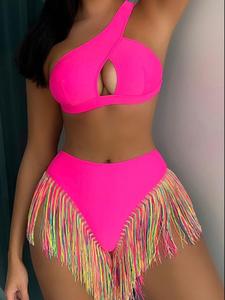 Women's Solid Color Tassel Trim Bikini Set, Casual Fashion Chic Swimsuit for Beach Holiday Vacation, Ladies Swimwear for All Seasons
