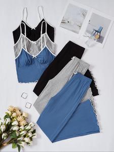 Women's Contrast Binding Lettuce Trim Pyjama Set, Soft Crop Cami Top & Bow Decor Elastic Waist Pants Pj Set, Lady Elegant Casual Comfy Loungewear Set for Women, Cute Pajama Sets, Womenswear, Nightwear, Homewear