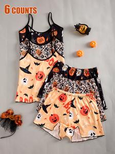 Halloween Pumpkin Print Cute Cartoon Heart Butterfly Sleepwear Set, S-Xxl Sizes, Soft Knit Polyester Fabric, All Seasons Comfortable Fit